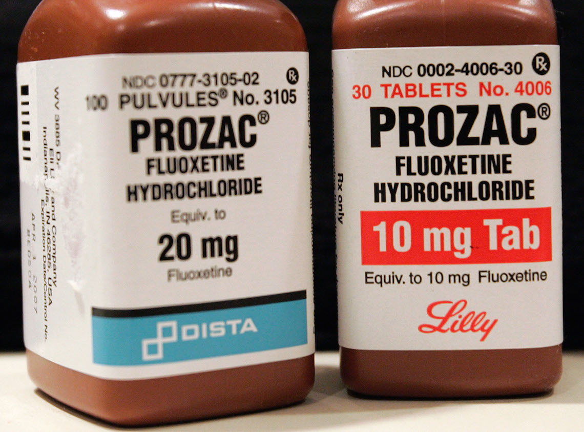 NEW YORK - JANUARY 4: Two bottles of Prozac are seen on a pharmacy shelf January 4, 2004 in New York City. The British Medical Journal (BMJ) sent the U.S.Food and Drug Administration documents submitted by an anonymous source that seem to show a link between Eli Lilly and Co.’s Prozac (fluoxetine) and suicide attempts and violence(Photo by Stephen Chernin/Getty Images)