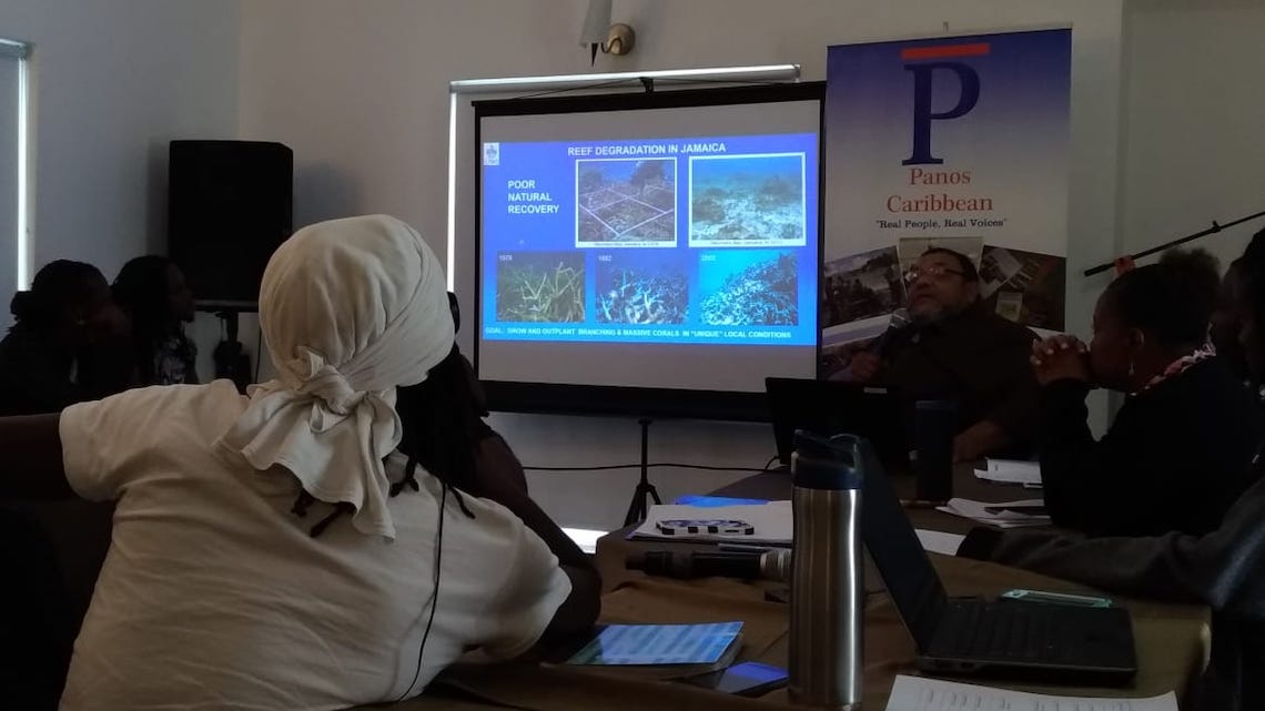 Artisti seguono un workshop sui cambiamenti climatici del progetto Voices for climate change education.
